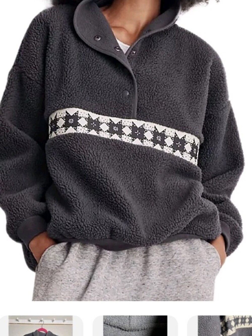 Madewell Women's Charcoal Sherpa Pullover with White Star Band Size M Oversized